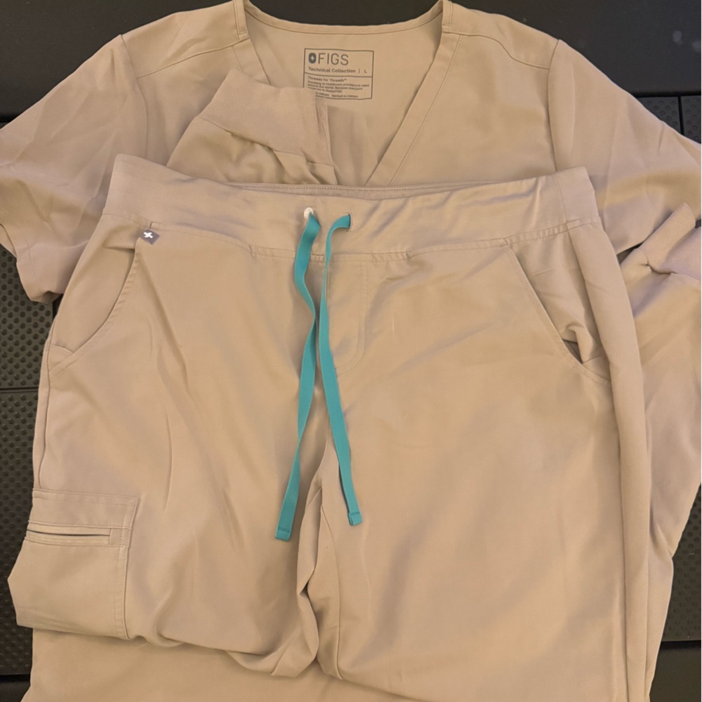 Figs Beige Scrub Set with Teal Accents